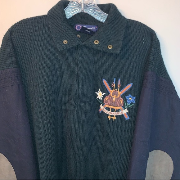 Faconnable Green Blue 100% Wool Sweater Leather Patches Embroidered Crest L - Picture 7 of 9